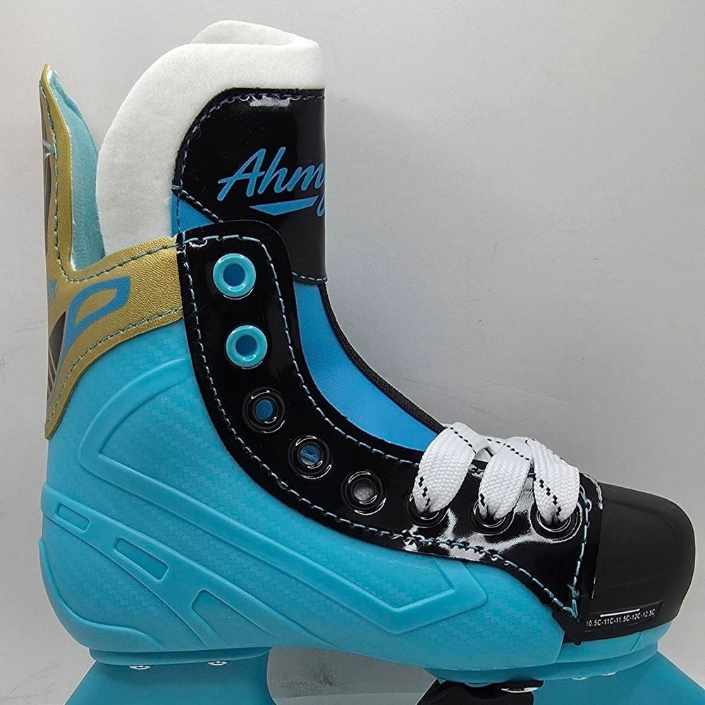 AhmyLion Adjustable Youth Ice Hockey Skates Blue Black Gold Size 13C-3Y NEW